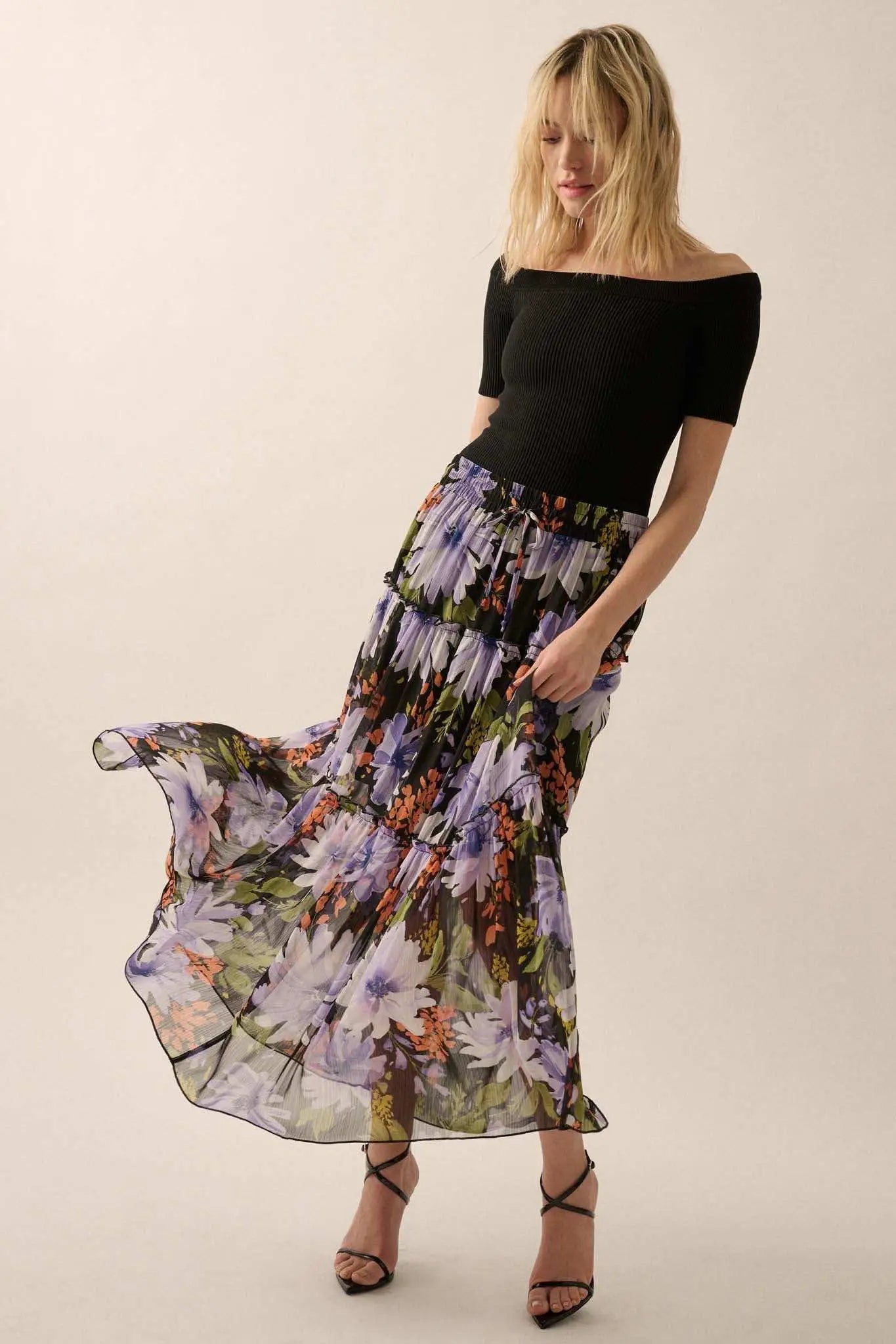 Twilight Bouquet Floral Chiffon Tiered Maxi Skirt