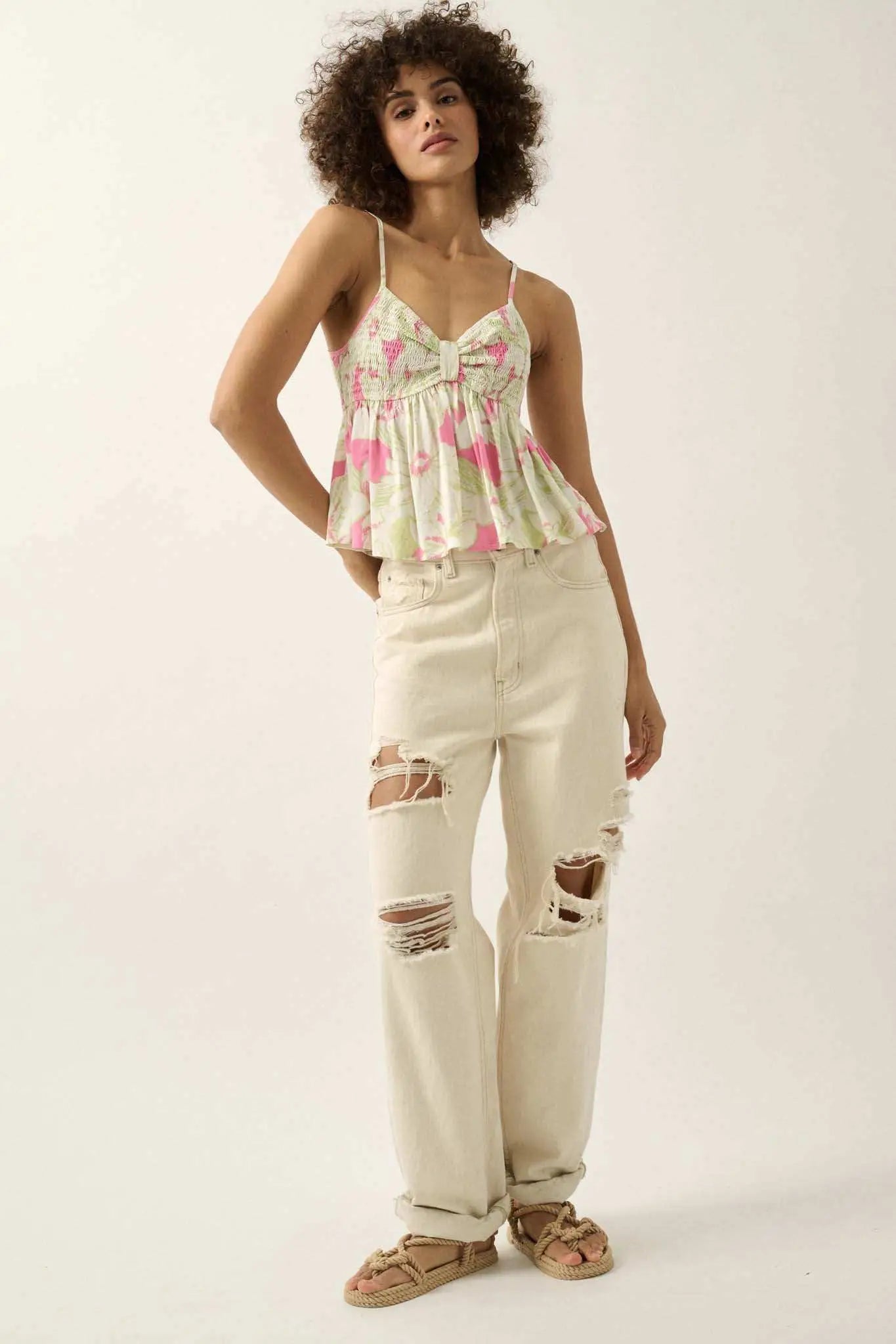 Kauai Cove Smocked Floral Babydoll Cami Top
