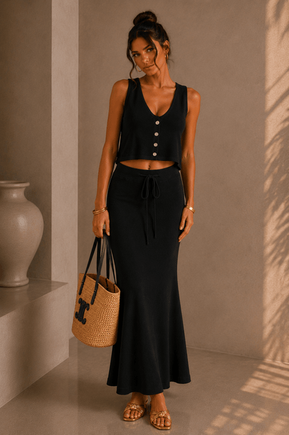 Black Drawstring Knit Maxi Skirt